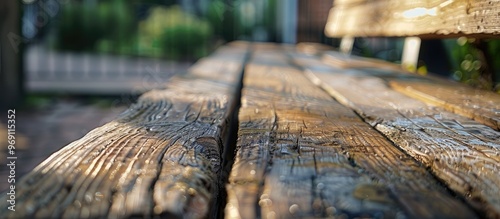 Wooden beam street bench Close up Selective focus. with copy space image. Place for adding text or design