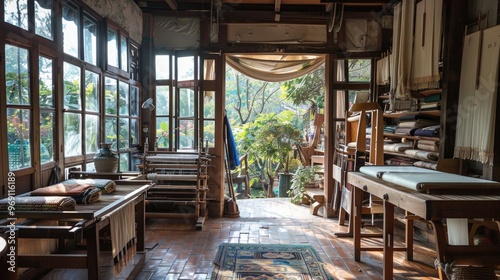 Rustic home traditional textile weaving studio with hand looms