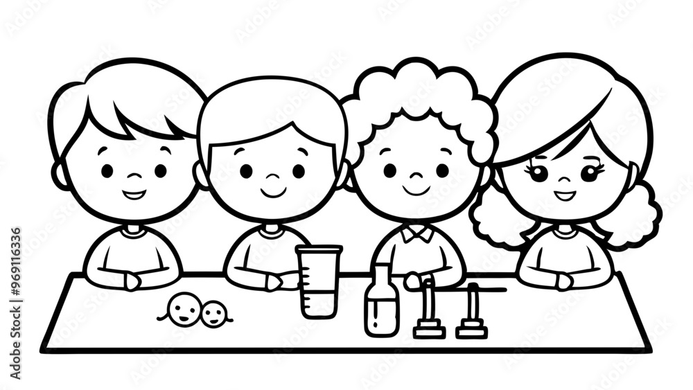Happy kids engaged in a science project with laboratory equipment in a black and white illustration
Happy kids engaged in a science project with laboratory equipment in a black and white illustration