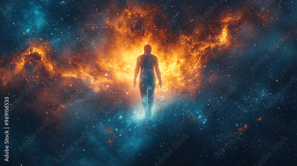 Semiabstract human silhouette emerging from a galaxy of stars and cosmic dust symbolizing connection between humanity and the universe Semiabstract human silhouette emerging from a galaxy of stars and cosmic dust symbolizing connection between humanity and the universe