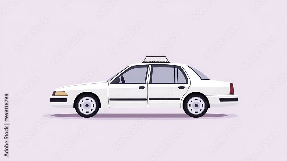 Vector illustration of a white taxi on a pale lavender background with clean lines and room for branding or promotional messaging.