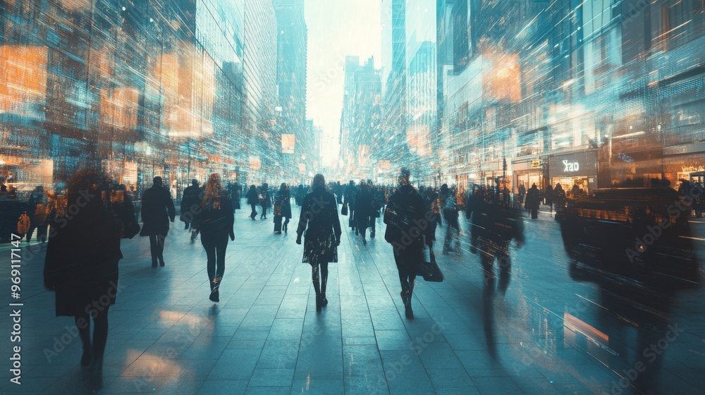 Futuristic energy harvesting from motion using AI sensors: People walking through a city where energy is generated from their movement. Futuristic energy harvesting from motion using AI sensors: People walking through a city where energy is generated from their movement.