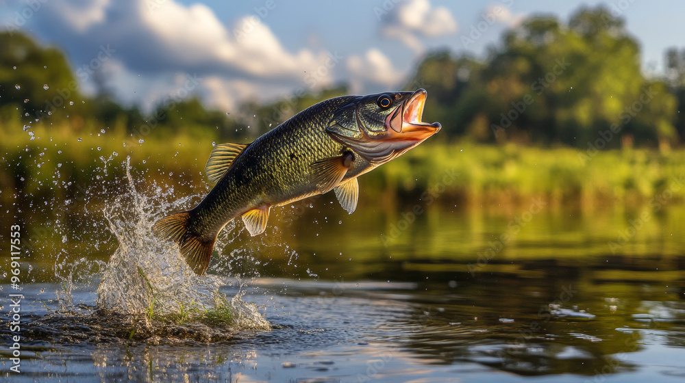 A largemouth bass dramatically jumps out of the water, creating splashes, with a blurred natural background in a serene fishing scene.
A largemouth bass dramatically jumps out of the water, creating splashes, with a blurred natural background in a serene fishing scene.