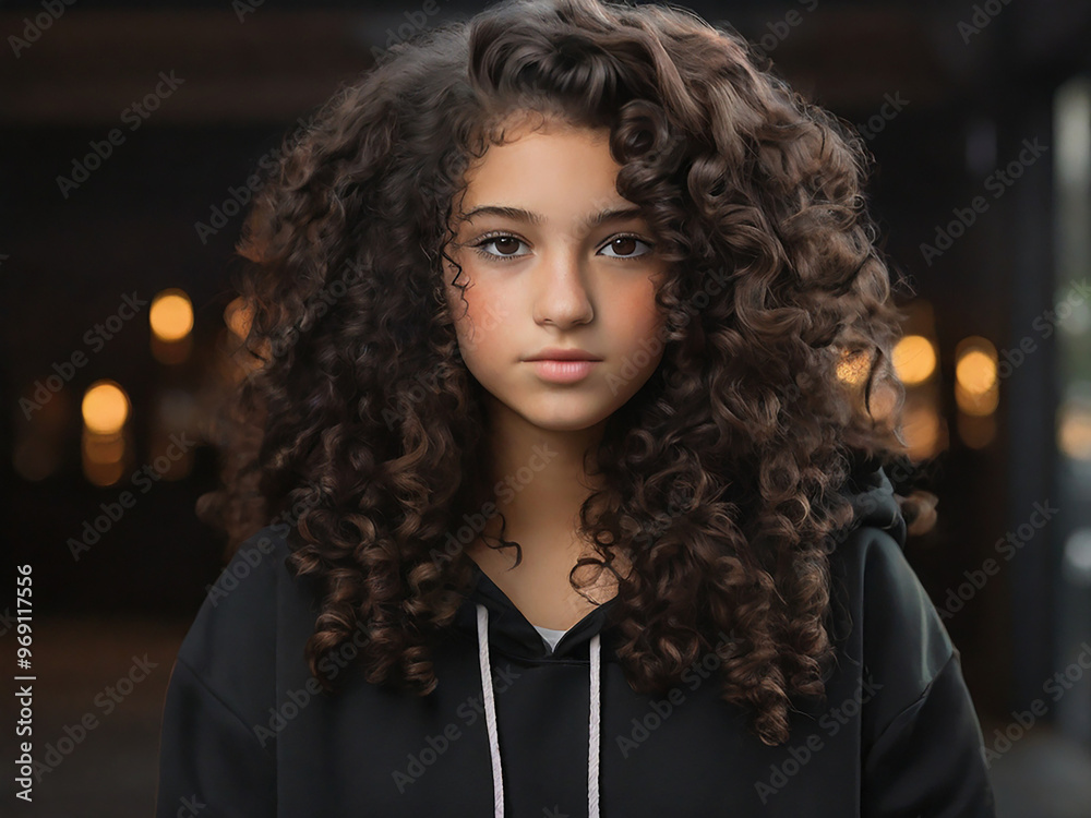 Fototapeta premium a black girl with dark brown curly hair in a black hoodie