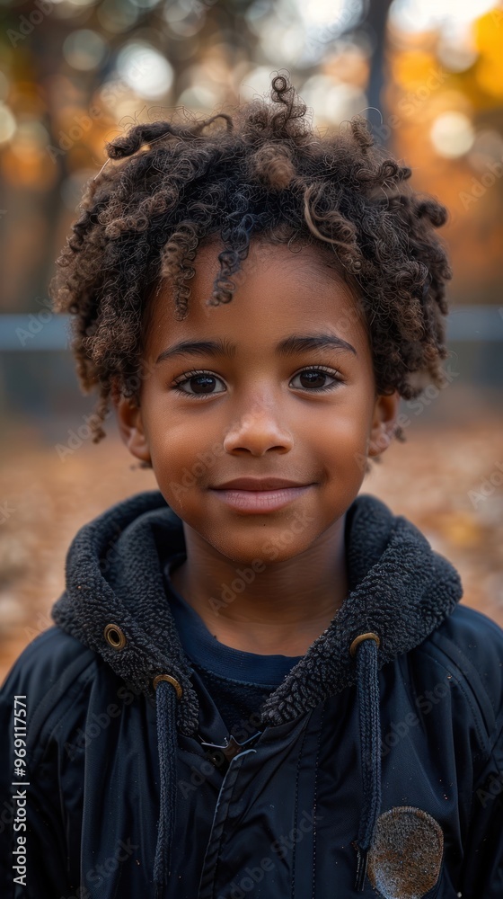 A joyful boy with curly hair smiles brightly amidst autumn leaves in a park during golden hour. Generative AI A joyful boy with curly hair smiles brightly amidst autumn leaves in a park during golden hour. Generative AI