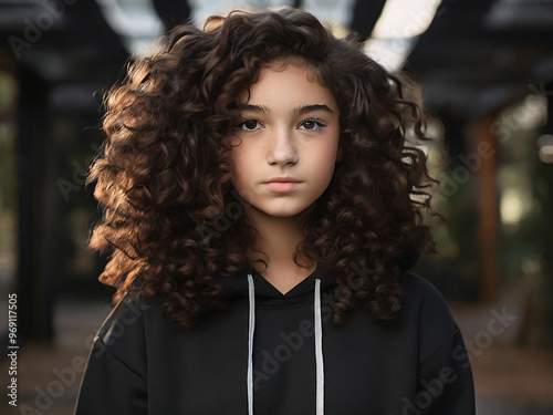 a black girl with dark brown curly hair in a black hoodie