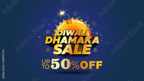 Diwali festive background with Diwali Dhamaka Sale logo 50% off offer deal discount concept.