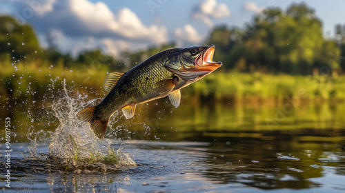 A largemouth bass dramatically jumps out of the water, creating splashes, with a blurred natural background in a serene fishing scene. 