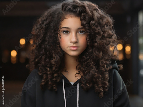 a black girl with dark brown curly hair in a black hoodie