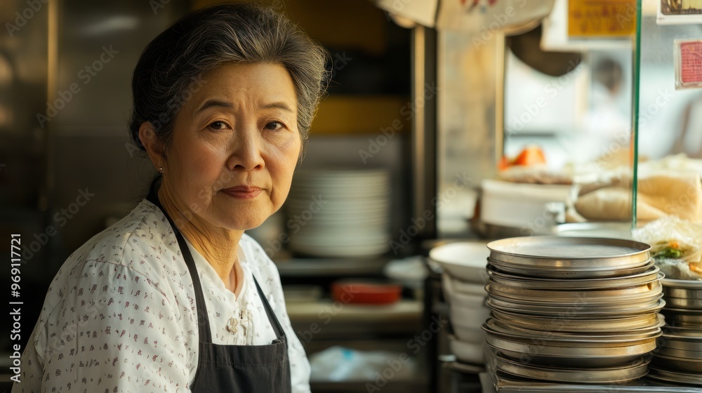 Elderly Woman in White Blouse and Black Apron Standing in a Kitchen Elderly Woman in White Blouse and Black Apron Standing in a Kitchen