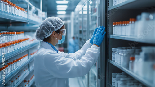 An overview of a temperature-controlled warehouse filled with shelves of vials, with a worker in sterile gloves performing routine checks on the refrigeration units.