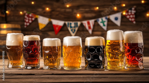 Seven beer mugs filled with different types of beer, set on a wooden table at a festival with festive banners and lights.

 photo