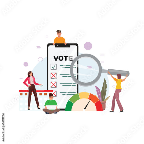 Smartphone displaying a digital voting form. Nearby people I. different poses with magnifying glass, laptop and voting documents. Future, election, digital concept