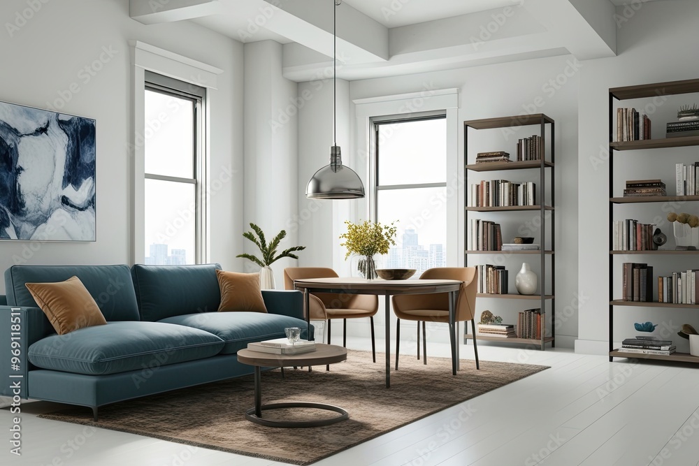 3D Urban Loft Design Featuring Cozy Sofa Elegant Dining Set and Stylish Bookshelf on Clean White Background 3D Urban Loft Design Featuring Cozy Sofa Elegant Dining Set and Stylish Bookshelf on Clean White Background