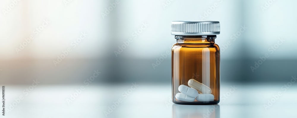 An amber pill bottle containing white capsules sits on a reflective surface, symbolizing medicine, healthcare, and pharmaceutical treatments.