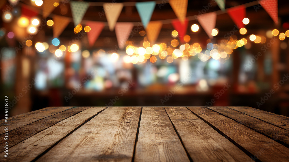 A rustic wooden table in a lively pub setting, decorated with colorful bunting, hanging lights, and blurred background of a bar area.
A rustic wooden table in a lively pub setting, decorated with colorful bunting, hanging lights, and blurred background of a bar area.