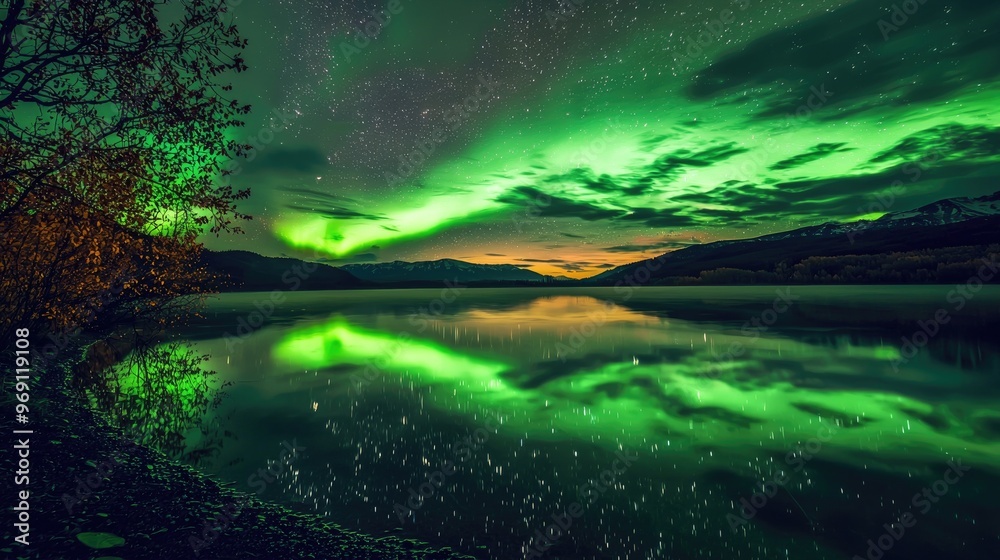 Fototapeta premium Shimmering aurora borealis reflected in still lake