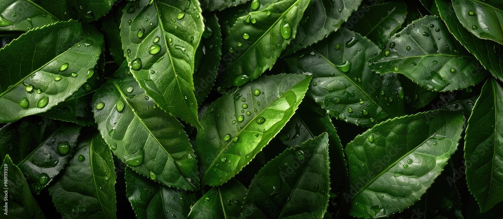 Fototapeta premium Close up view of a collection of leafy branches with fresh green tea leaves isolated on a white background These leaves are freshly picked from a home grown organic tea plantation Food concept clippi