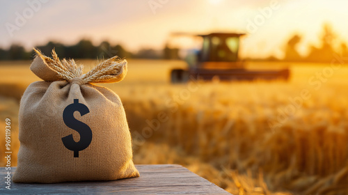 A money bag with a dollar sign resting on a table, with a combine harvester working through golden wheat fields in the background, representing the financial investment in land acq photo