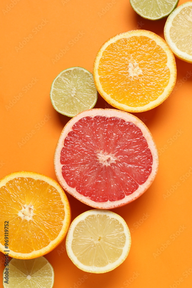 Tropical fruits on color background. Summer concept. Flat lay, top view, copy space Tropical fruits on color background. Summer concept. Flat lay, top view, copy space