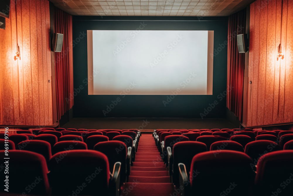 Movie theater with a red curtain and a white screen. The seats are empty. The theater is dark and quiet. Movie theater with a red curtain and a white screen. The seats are empty. The theater is dark and quiet.