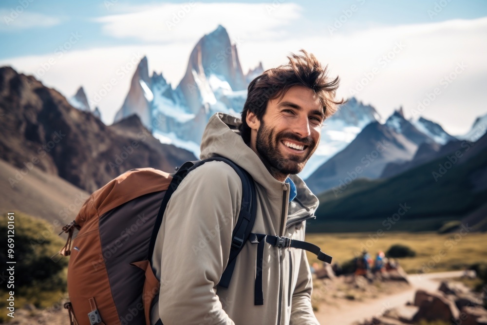 Smiling Latino man with backpack outdoors backpacking adventure. Smiling Latino man with backpack outdoors backpacking adventure.