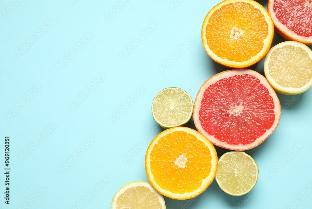 Tropical fruits on color background. Summer concept. Flat lay, top view, copy space Tropical fruits on color background. Summer concept. Flat lay, top view, copy space