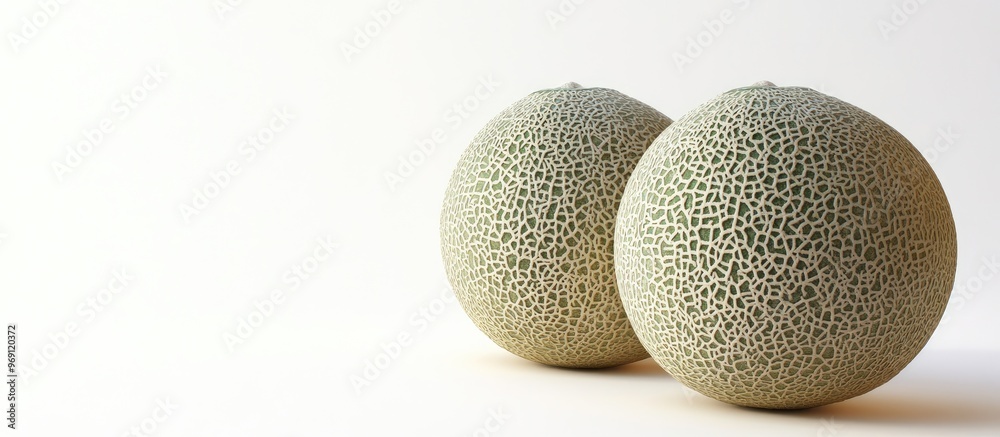 Two tasty sweet cantaloupe melons on a white background with copy space for text or images Side view Close up shot Two tasty sweet cantaloupe melons on a white background with copy space for text or images Side view Close up shot