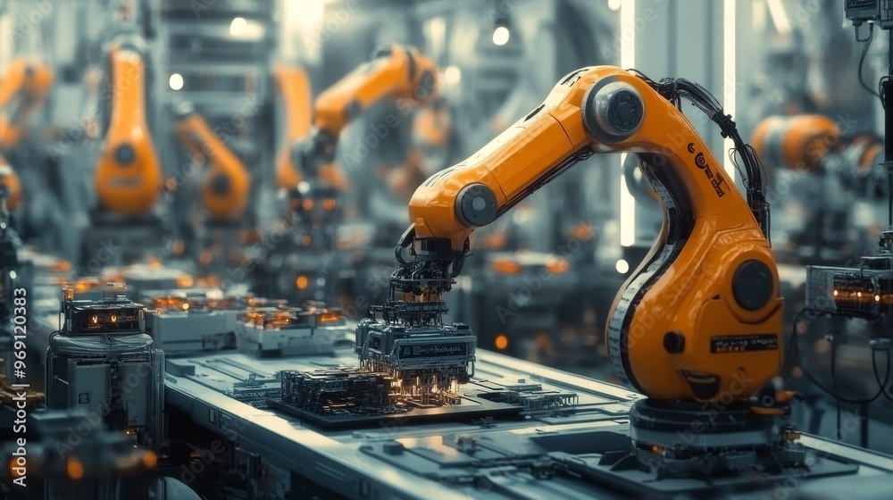 Futuristic factory using AI and robotics for sustainable manufacturing: Robots building products in an eco-friendly factory environment. Futuristic factory using AI and robotics for sustainable manufacturing: Robots building products in an eco-friendly factory environment.