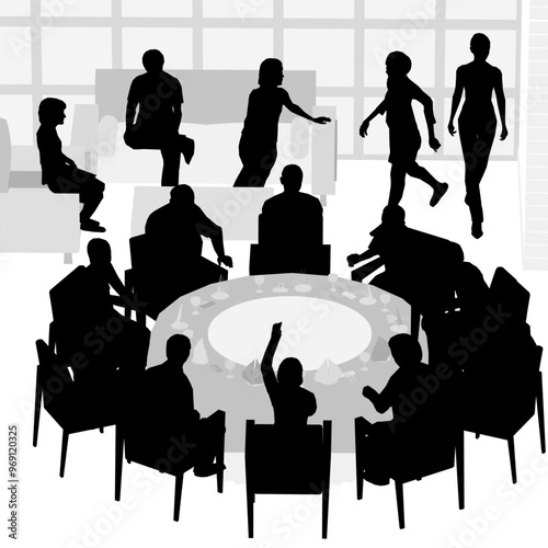 Silhouette of people sitting in restaurant on chairs and sofa isolated on white background. Restaurant interior. Isometric view. Vector illustration.
