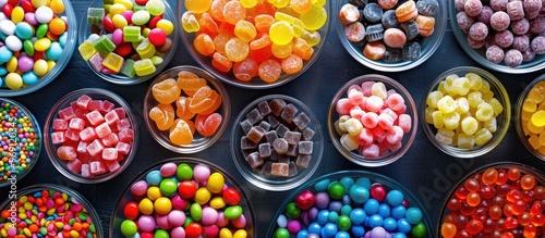 Various colored round candies in a bowl and jars A top view of a large selection of sweets and candies with copy space