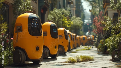 Autonomous garbage collection robots: Robots cleaning up streets and parks in futuristic cities. #969120347