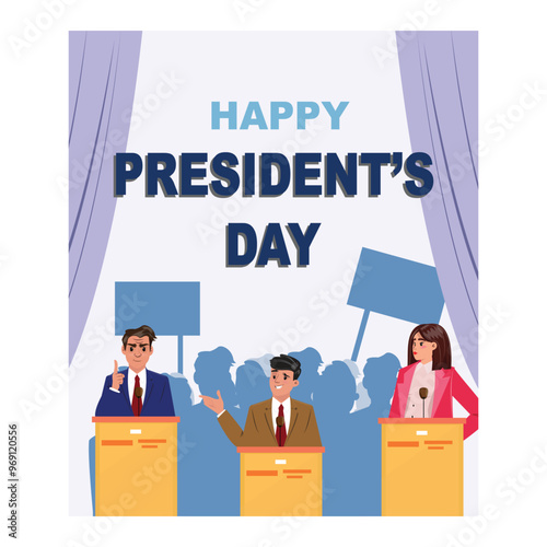 Presidents Day celebration banner showing candidates on stage debatiang in front of an audience