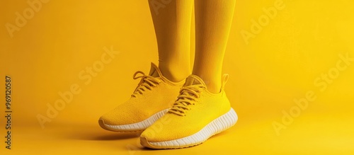 New yellow women s sneakers on long legs in yellow tights set against a yellow background Monochrome pop art theme Horizontal banner featuring copyspace photo