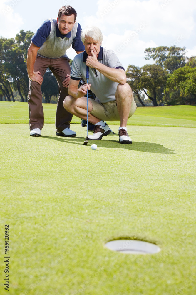 Obraz premium Thinking, hole and men on golf course together with club for outdoor exercise, fitness and morning challenge. Sports, friends and golfer team on green for competition, support and coaching on grass
