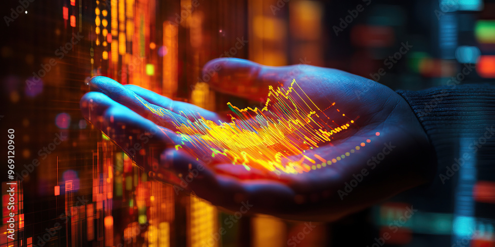 Φωτογραφία The Hand of Opportunity: An investor's hand holding a glowing chart of market performance, against a background of graphs and financial reports