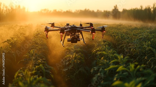 Futuristic farming with AI-managed drones: Aerial drones monitoring crops and soil health in large, technologically advanced farms. photo