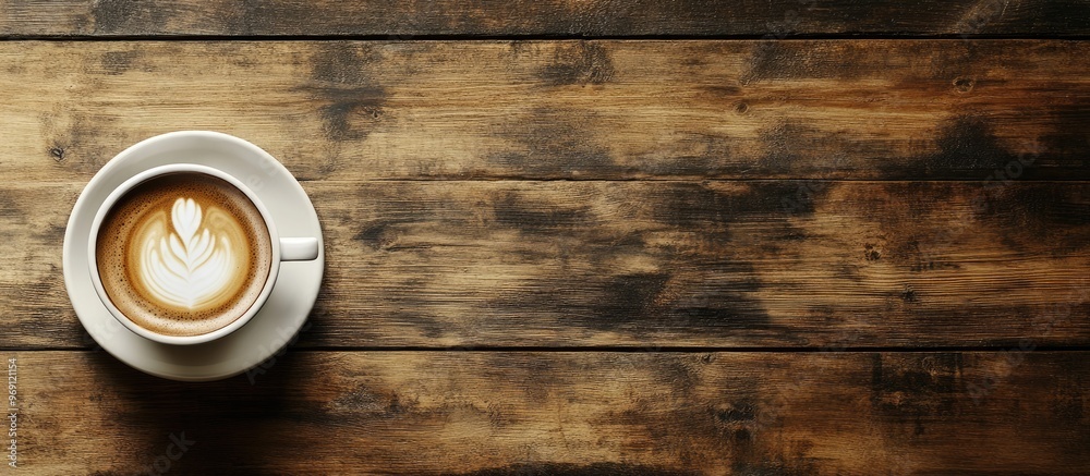 Top view of freshly brewed coffee featuring beautiful latte art on a wooden table in a cafe with copy space Coffee break for relaxation and recreation