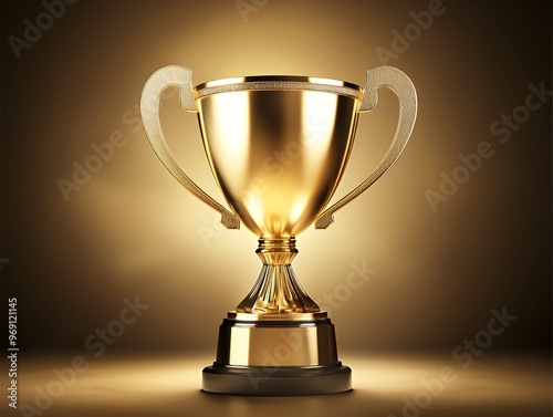 A shiny golden trophy with two handles and a base sits on a brown background.