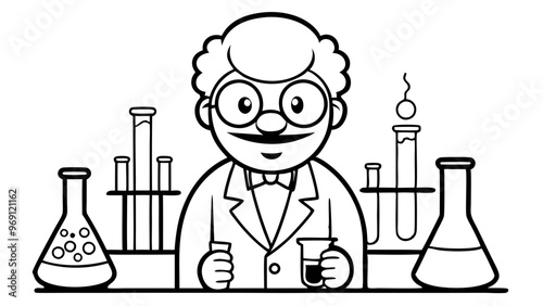 Cartoon scientist with glasses holding a flask in a laboratory full of glassware and chemical experiments