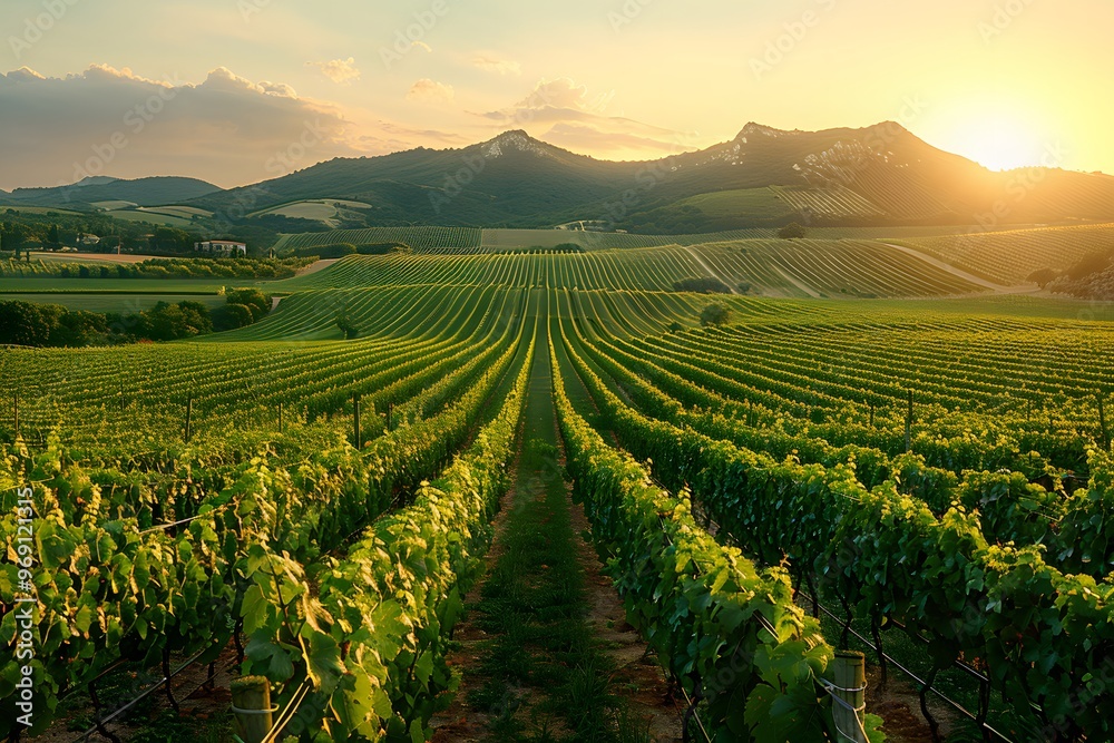 Sunset Over Lush Vineyard Fields with Rolling Hills in Background - Ideal for Travel, Nature, and Agriculture Designs Sunset Over Lush Vineyard Fields with Rolling Hills in Background - Ideal for Travel, Nature, and Agriculture Designs