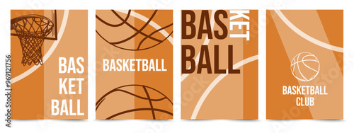 Creative Basketball tournament announcement background. Sport league championship poster set. Basketball ball, basket on on orange background. Vector illustration