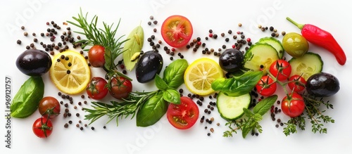 Border of an olive dish featuring vegetables herbs and spices on a white background. with copy space image. Place for adding text or design