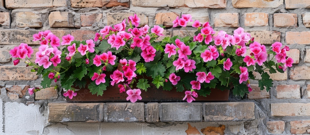 pink geranium in a planter against a brick wall. with copy space image. Place for adding text or design pink geranium in a planter against a brick wall. with copy space image. Place for adding text or design
