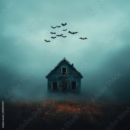 Haunted house with bats flying around it.