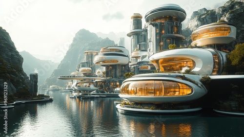 Futuristic floating cities with AI-regulated ecosystems: An eco-friendly city floating on water, with buildings powered by renewable energy. #969123329