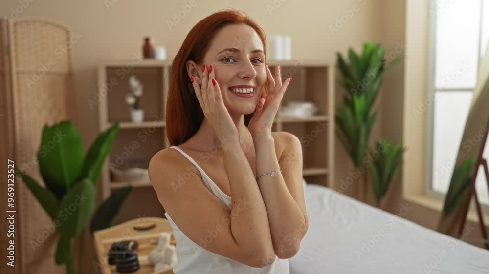 Woman with red hair smiling and touching her face in a relaxing spa room, showcasing beauty, wellness, and indoor relaxation with elegant decor Woman with red hair smiling and touching her face in a relaxing spa room, showcasing beauty, wellness, and indoor relaxation with elegant decor