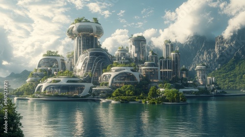 Futuristic floating cities with AI-regulated ecosystems: An eco-friendly city floating on water, with buildings powered by renewable energy. #969123722