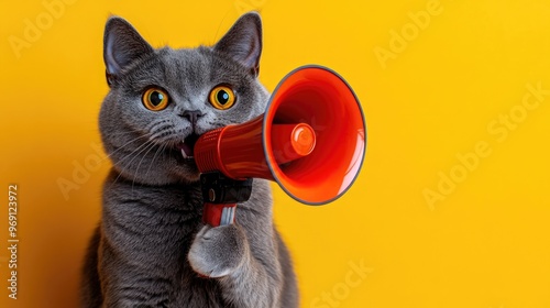 Happy cat screams into megaphone and looks from behind empty white banner. isolated on yellow background