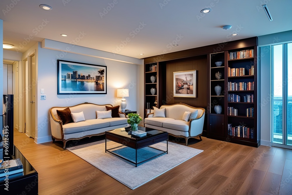 Sophisticated Condo 3D Design of an Open Living Area with Classic Sofa, Functional Dining Zone, and Organized Bookshelf in a High-View Perspective Sophisticated Condo 3D Design of an Open Living Area with Classic Sofa, Functional Dining Zone, and Organized Bookshelf in a High-View Perspective